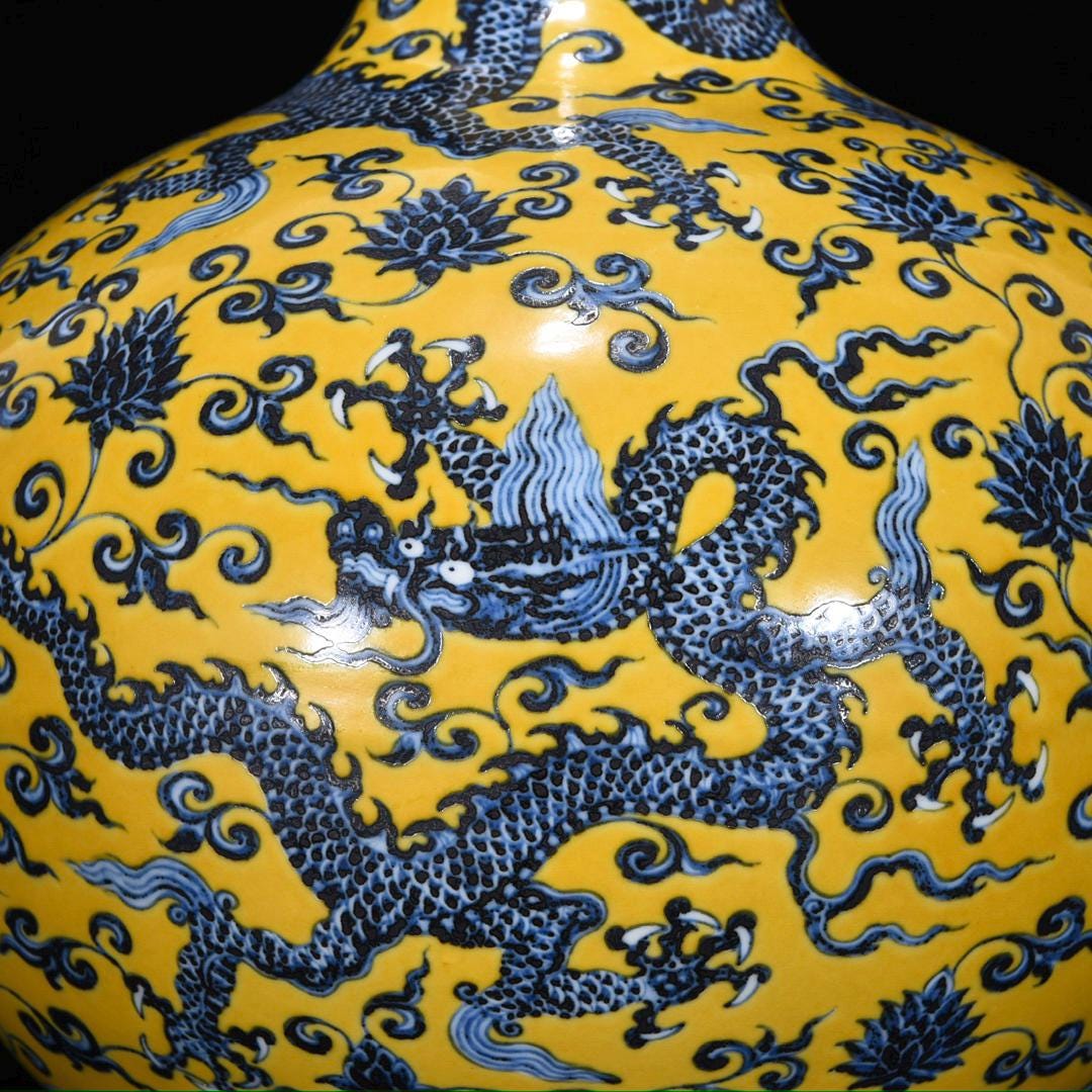 中国陶磁器　明宣徳　青地に黄色の龍模様の陶器ボウル 明宣徳様式の龍花瓶：中国のアンティーク磁器コレクション - Etsy 日本