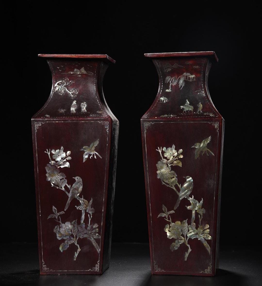 アンティーク中国漆器花瓶：螺鈿細工の鳥と花の象嵌 - Etsy 日本