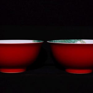 Pair of Qing Yongzheng Style Red Enamel Bowls–Lotu &Goldfish Motif | Famille Rose Porcelain with Imperial Mark，Marriage or housewarming gift