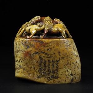 May include: A carved stone seal featuring a group of three sculpted lion-like figures on top. The base is a mottled tan and brown block with a rough, textured surface and vertical columns of dark engraved Chinese characters on the front face.