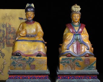 Conjunto de esculturas antiguas chinas de piedra del emperador y la emperatriz de Shoushan, figuras de la corte imperial talladas a mano.