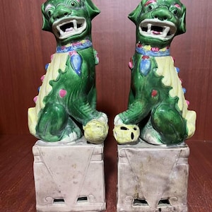Antique Sancai Glazed Foo Dogs: Chinese Guardian Lion Statues, Feng Shui Pair