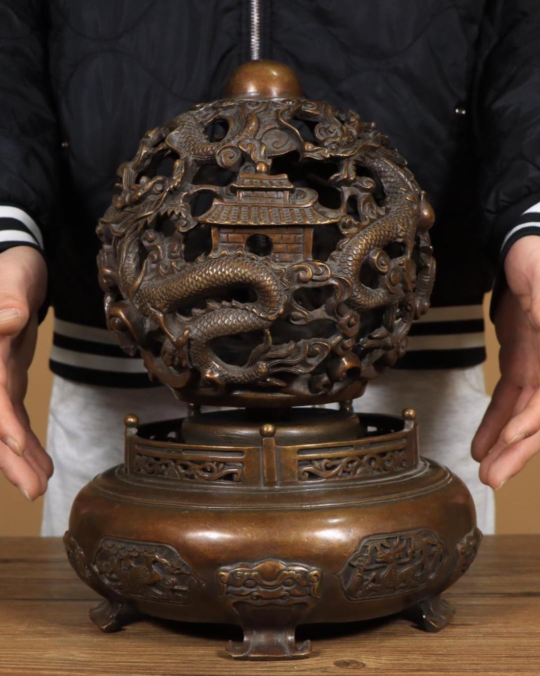 Vintage Bronze Dragon Incense Burner • Qiankun Sphere Feng Shui