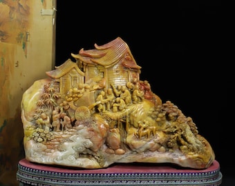 Escultura monumental china de piedra Shoushan con escena de cien niños, intrincada escultura paisajística tallada a mano.
