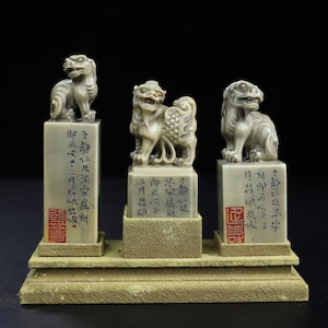 Antique Shoushan Stone Seal Set: Hand-Carved Mythical Beasts, Calligraphy Chop