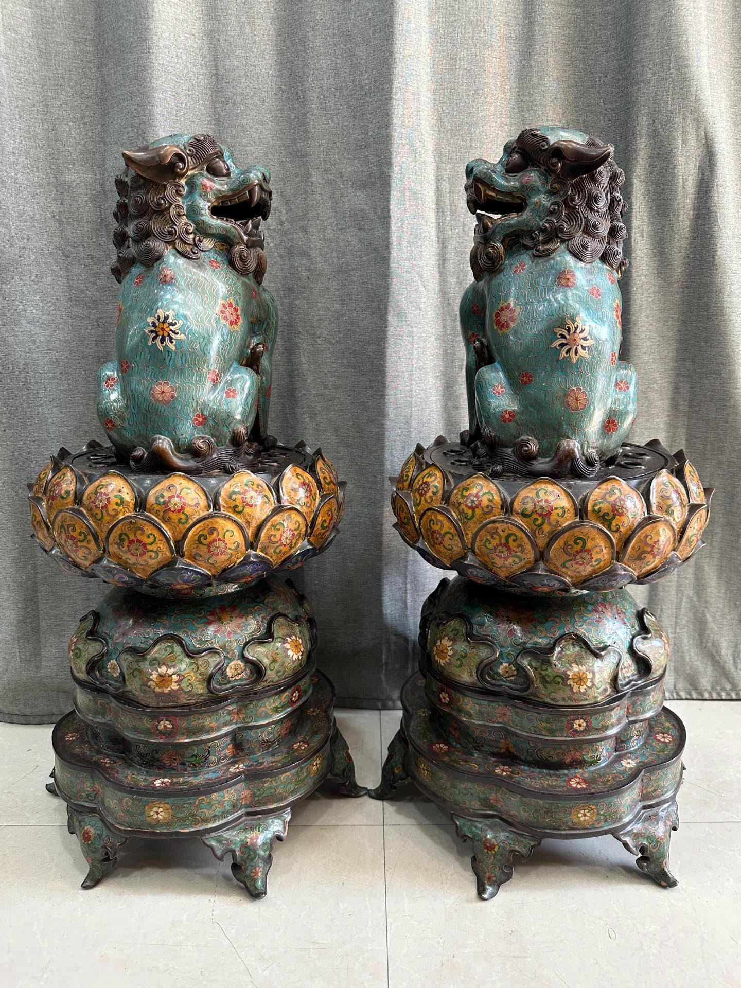 アンティーク七宝焼きフードッグ香炉: 銅エナメルガーディアンライオン