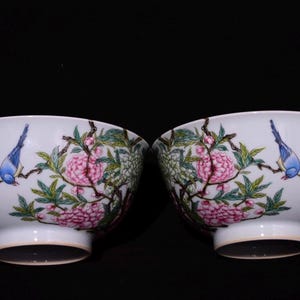 Qing Style Famille Rose Enamel Bowls – Hand-Painted Peony, Hydrangea & Bird Design | Imperial Porcelain Art, weddings, or housewarming gift
