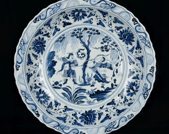 Antique Blue and White Porcelain Plate: Floral Scroll & Figure Scene