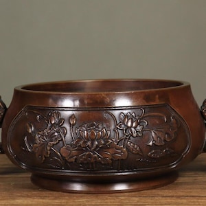 Antique Chinese Solid Bronze Censer with Chilong Dragon Handles – Lotus Design Incense Burner – Heavy Feng Shui Gift for Home Altar