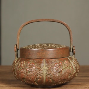 antique Solid Brass Kirin Incense Burner – Round Handheld Censer with Pierced Lid – Feng Shui Warmer for Study, Tea Table, or Gift