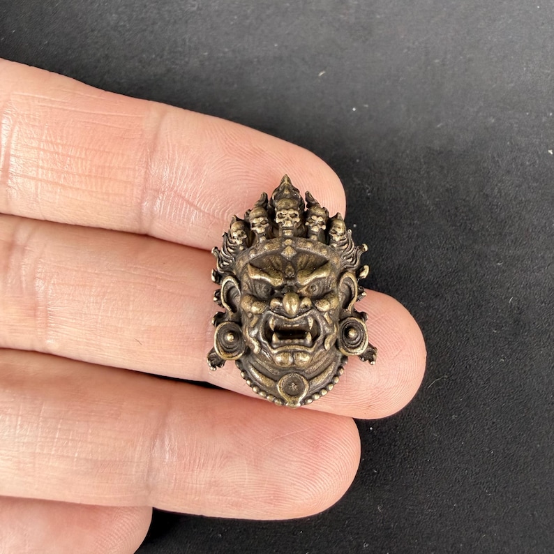 Set of 2 Vintage Brass Mahakala Pendants, Wrathful Deity Amulets (2.2 cm) image 2