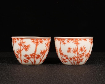 Chinese antique Qing Dynasty Yongzheng Alum red glaze bamboo pattern Porcelain bowl cup pair