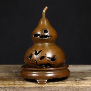 Antique Copper Gourd Incense Burner: Deer & Crane Hollow Carving