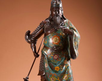 Antique Cloisonné Guan Gong Statue: Chinese God of War Feng Shui Decor