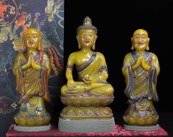 Buda de piedra Shoushan antiguo con acompañantes, conjunto de esculturas de la tríada Shakyamuni policromadas talladas a mano.