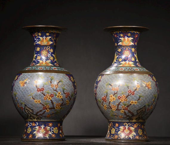 大型アンティーク中国七宝花瓶: 蓮と花のデザイン、39 cm - Etsy 日本