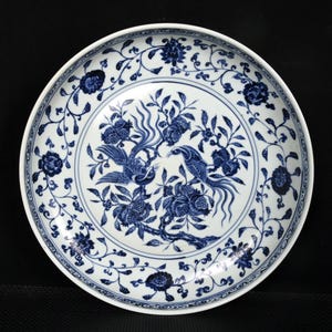 Chinese Antique Blue and White Porcelain Plate, Branching Fruit Flowers and Parrot Design, Ming Style Dish, Home Decor, Gift, Collectible