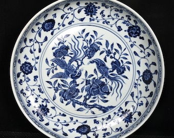 Ming Style Blue and White Porcelain Plate: Parrot & Flowers, Antique Decor