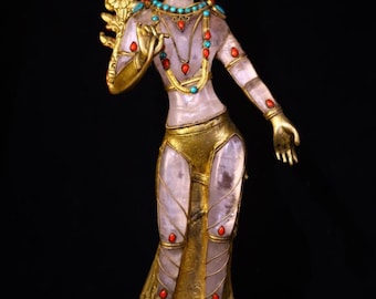 Exceptional Antique Natural Rock Crystal Standing Bodhisattva, Handcrafted Gilt Copper Filigree and Gem-Set Himalayan Buddhist Sculpture