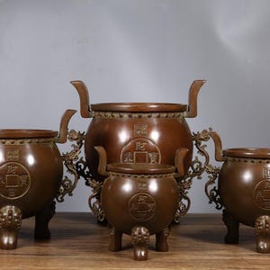 Set of Chinese Antique Style Solid Brass Censer Tripods – Fortune Dragon Incense Burners for Home Altar, Housewarming or Business Gift