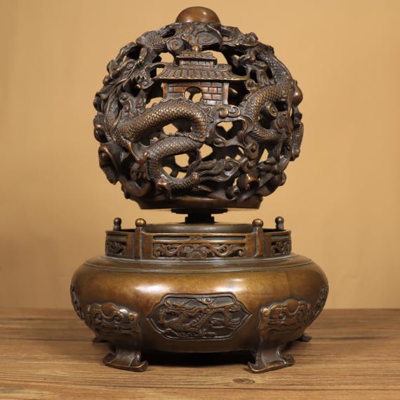 Vintage Bronze Dragon Incense Burner • Qiankun Sphere Feng Shui
