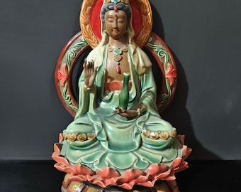 Antike Shiwan Guanyin Statue: Chinesische Keramik Lotus Altar Figur