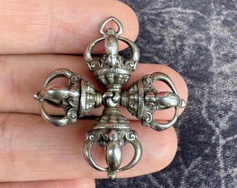 Tibetan White copper Vajra Pendant | Dorje Cross Amulet | Protective Ritual Talisman | Sacred Buddhist Tool |Antique-Style Spiritual Charm