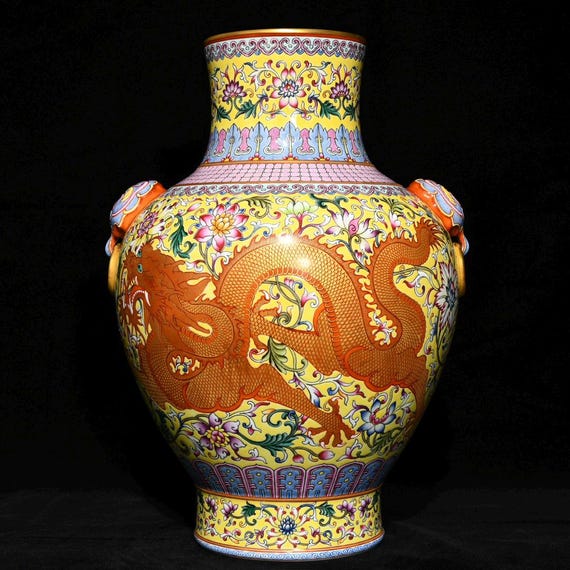 清朝乾隆帝のバラ龍花瓶：アンティーク中国磁器、ホームデコレーション