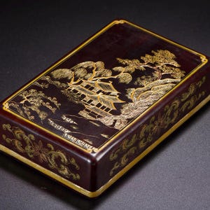 Antieke Chinese landschapslakdoos, vintage Aziatische lakwerk sieradendoosje