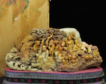 Antike Shoushan Steinschnitzerei Acht Unsterbliche, die das Meer überqueren | Hand geschnitzte chinesische Skulptur | Kunst Sammlerstück