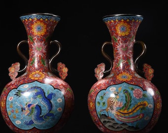 Antike chinesische Cloisonné Vasen: Drachen & Phoenix Design, Ruyi Griffe