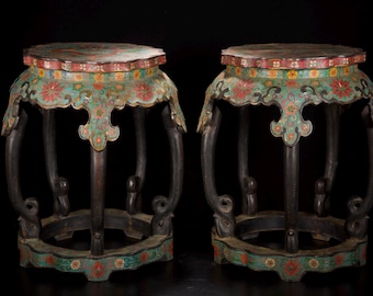 Antique Chinese Cloisonné Drum Stools Pair | Dragon & Lotus Motif Enamel Garden Seats | Large Bronze Cloisonne Stands