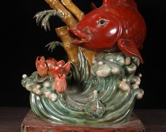 Antique Shiwan Pottery Figurine: Red Carp, Lotus, Bamboo - Chinese Home Decor