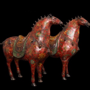 Antique Chinese Cloisonné Tang Horses – Red Enamel Copper Pair, Feng Shui “Success” Decorative Statues，corporate office decoration Gift