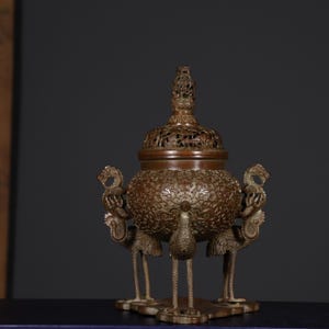Handcrafted Solid Brass Incense Burner | Three Cranes Censer with Dragon Handles|Antique Style Hollow Lid|Feng Shui Decor for Home or Altar