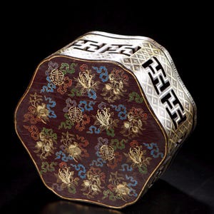 Elegant antique Chinese lacquer covered box featuring beautifully painted longevity motifs and intricate openwork carving.