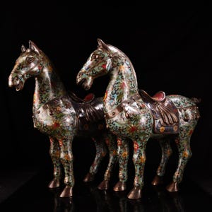 Antique Chinese Cloisonné Enamel Tang Horse Pair: Feng Shui Copper Sculpture