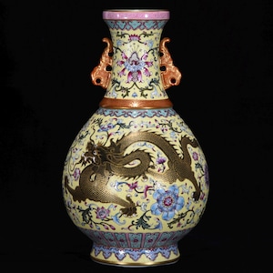 Antique Chinese Famille Rose Gilt Dragon Vase, Yellow Ground Floral Scroll Double Handle Porcelain Vase Oriental home decor