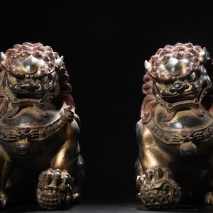 Antique Chinese Bronze Foo Dog Statues: Gilded Feng Shui Guardian Lions