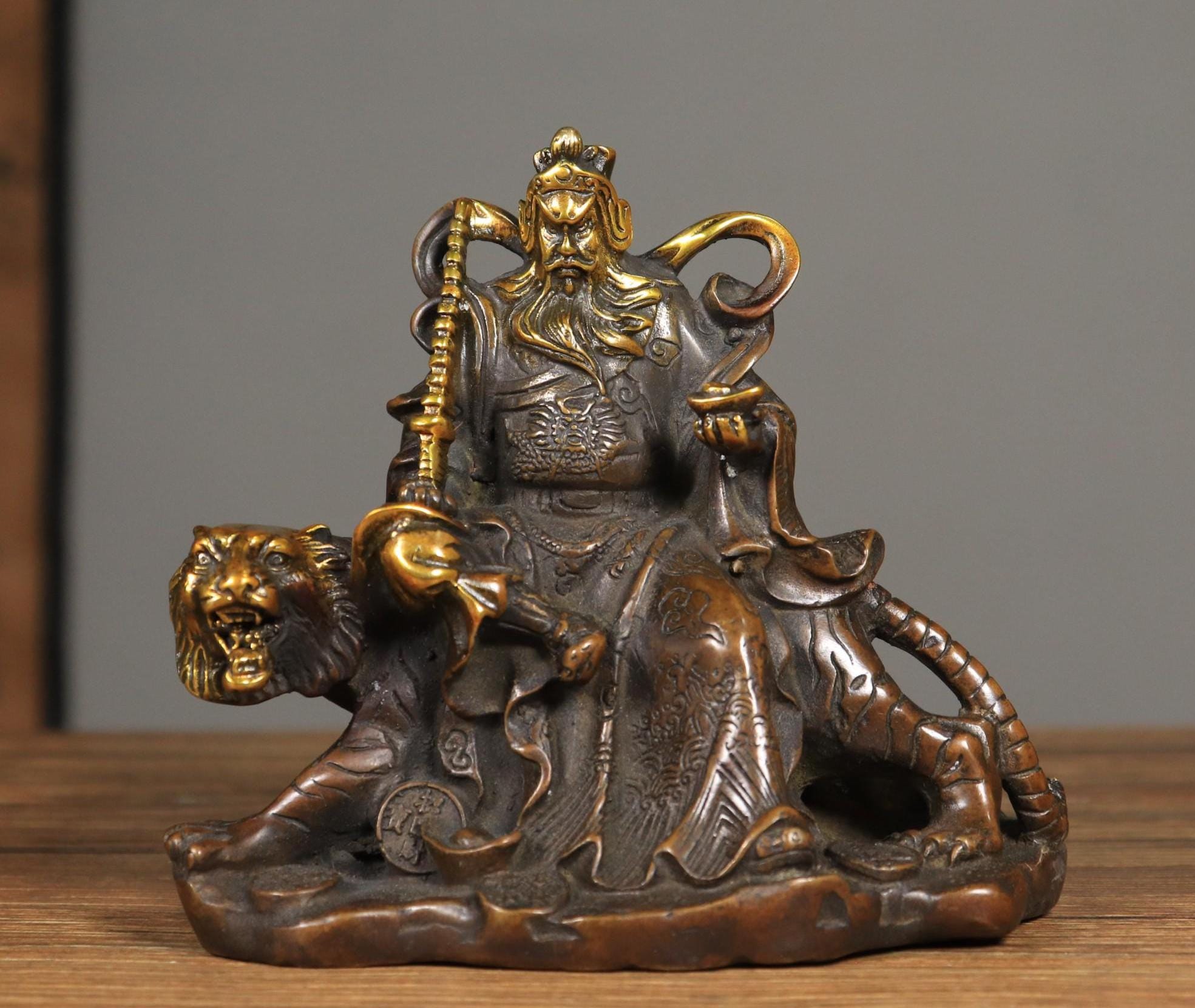 Vintage Gilt Bronze Zhao Gongming Statue: Chinese Wealth God, Feng 