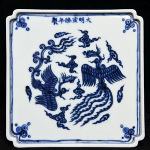 Antique Chinese Blue and White Porcelain Tray: Phoenix Design
