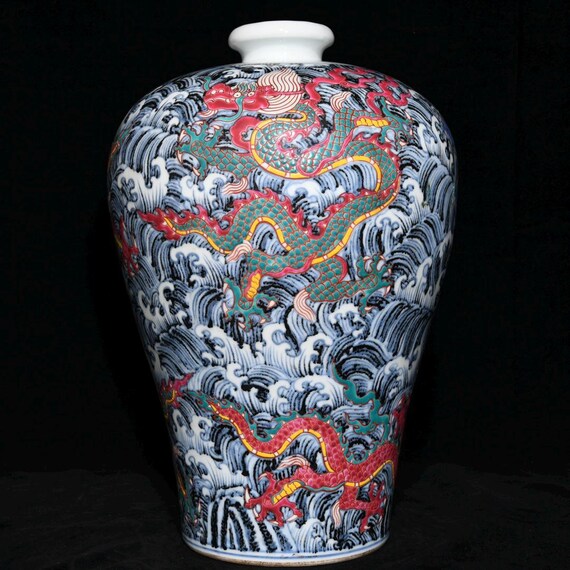 手描きの明紅熙スタイル梅平花瓶: 青五彩龍磁器 - Etsy 日本