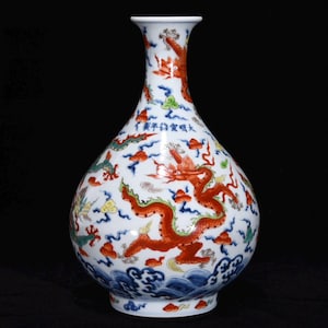 Antique Chinese Blue & White Wucai Dragon Yuhuchun Vase, Multicolor Dragon Porcelain Vase, Chinese Decor 28cm