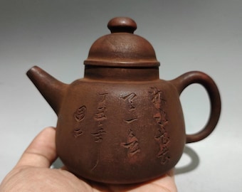 Teiera vintage Yixing Zisha con calligrafia, realizzata a mano in argilla Zini antica originale, teiera cinese Gongfu incisa, teiera per letterati 280cc