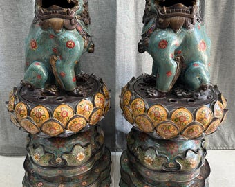 アンティーク七宝焼きフードッグ香炉: 銅エナメルガーディアンライオン