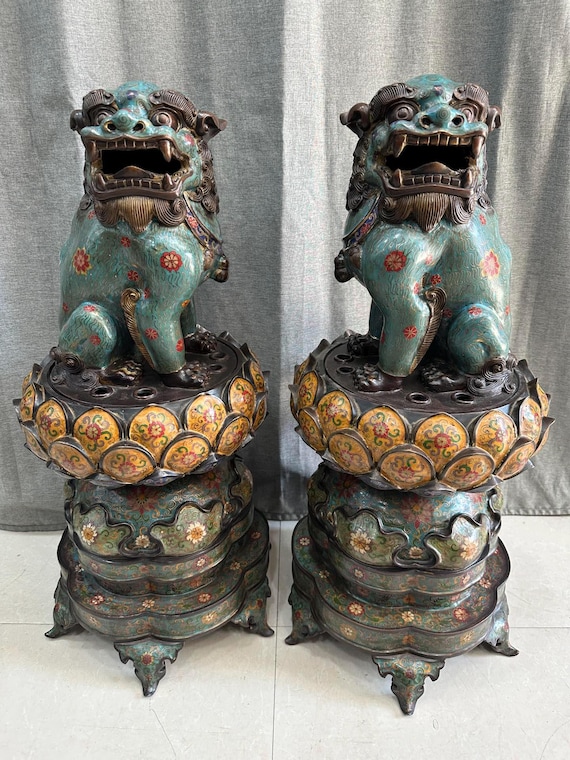 アンティーク七宝焼きフードッグ香炉: 銅エナメルガーディアンライオン