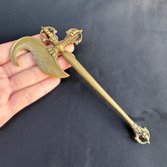 Vintage Tibetan Brass Kartika: Buddhist Ritual Knife, Vajra Handle