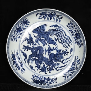 Chinese Blue and White Porcelain Plate, Branching Flowers, Fruits, Dragon and Phoenix Motif, Antique-Style Dish, Home Decor,Collectible Gift