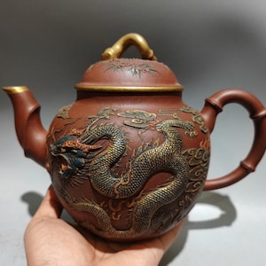 Large Handmade Yixing Zisha Teapot 1300ml, Gilded Dragon Phoenix Relief, Vintage Chinese Art Teapot