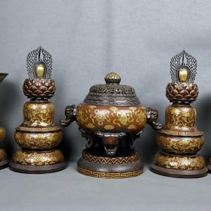 Antique Chinese Gilt Copper Buddhist Altar Set | 5-Piece Cloisonné Offering Shrine | Temple Incense Burner | Feng Shui Sacred Decor